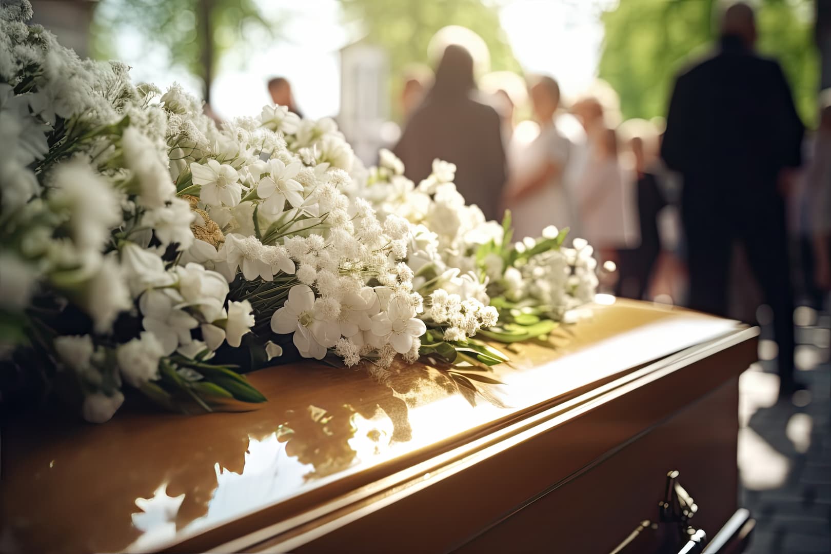 White flowers on coffin during funeral service
